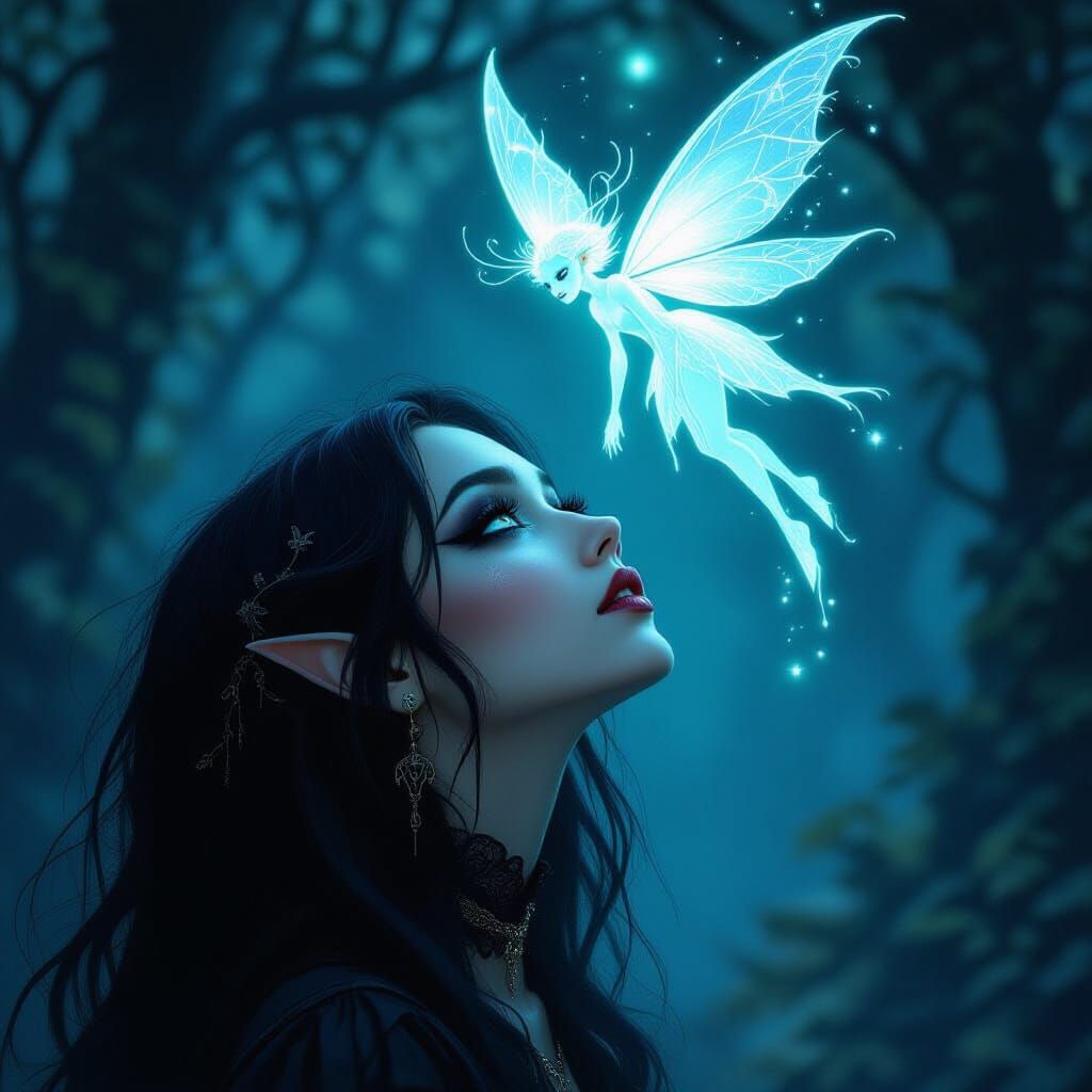 Goth Woman Awed by Glowing Alien Fairy in Enchanted Forest