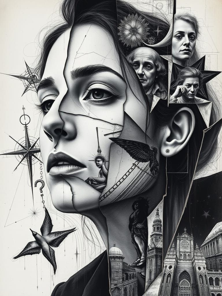 Fractured Charcoal Portrait with Mystical Symbols