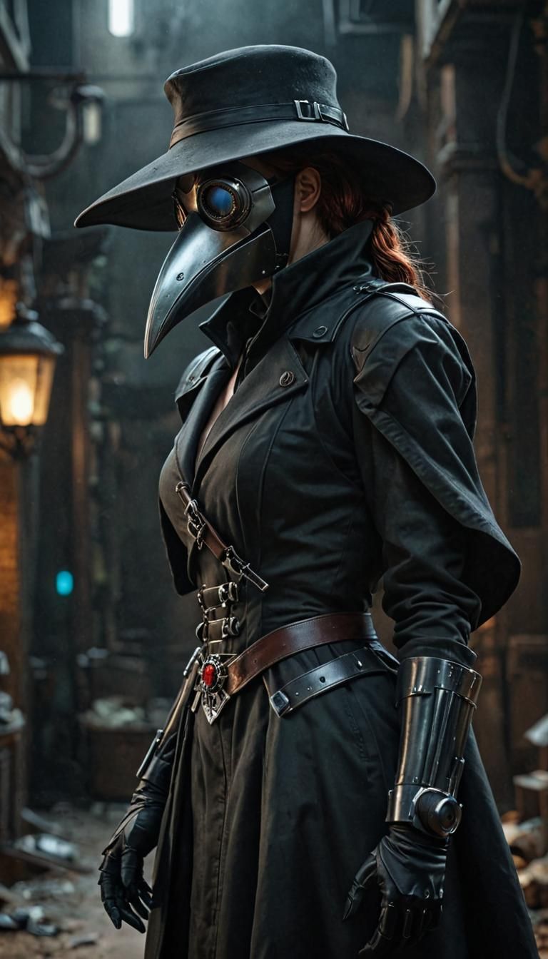 Futuristic Plague Doctor Black Widow in Cinematic Style