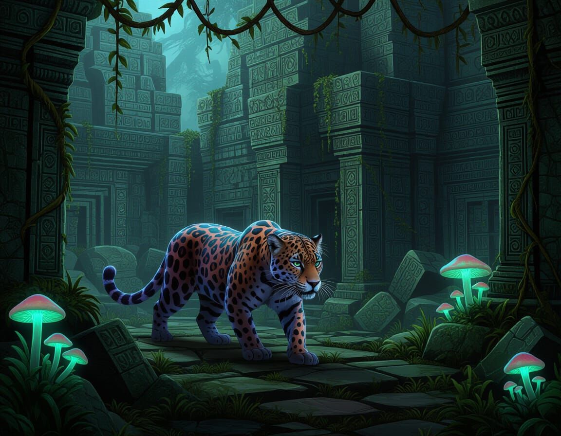 Bioluminescent Jaguar in Overgrown Temple Ruins