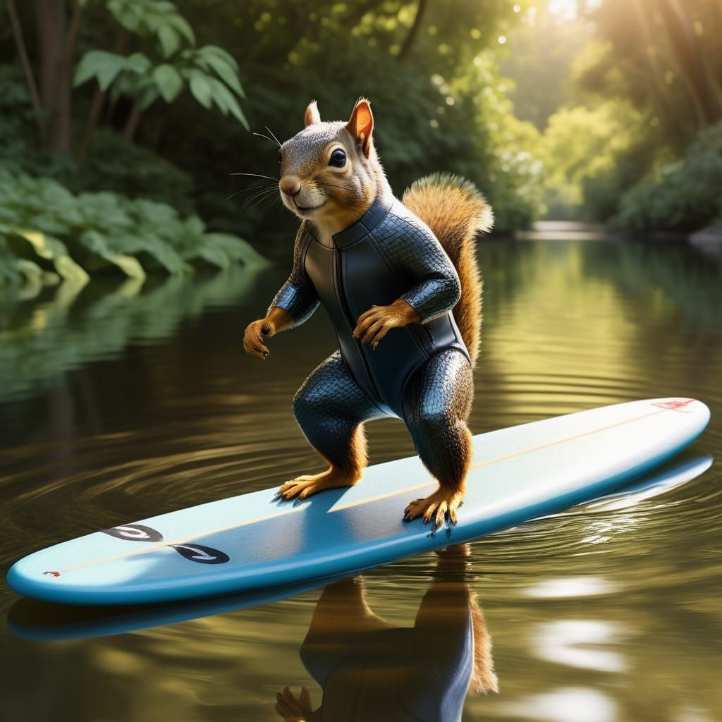 Squirrel Surfer in a Serene River Landscape