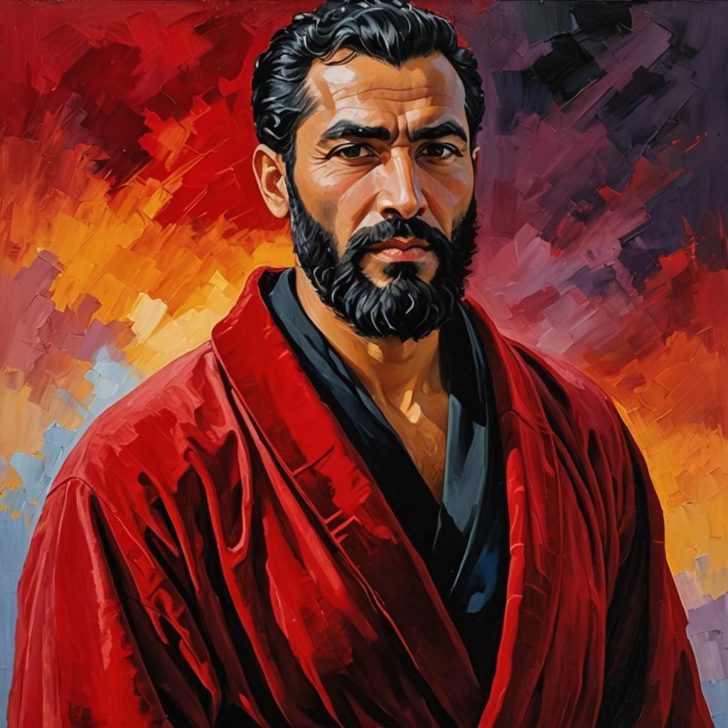 Joyful Man in Velvet Robe: Impasto Gouache Portrait