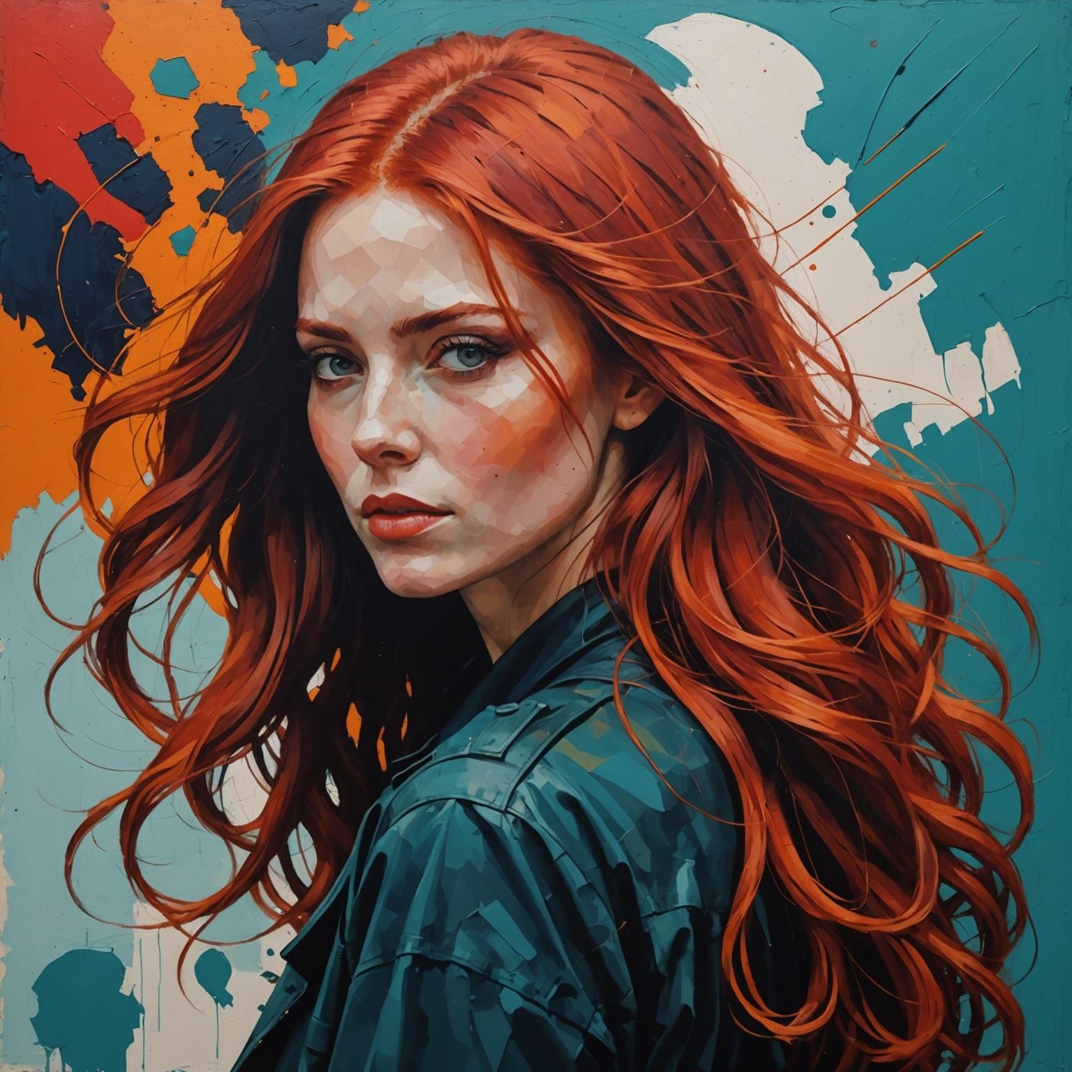 Abstract Art: Red-Haired Woman with Bicycle