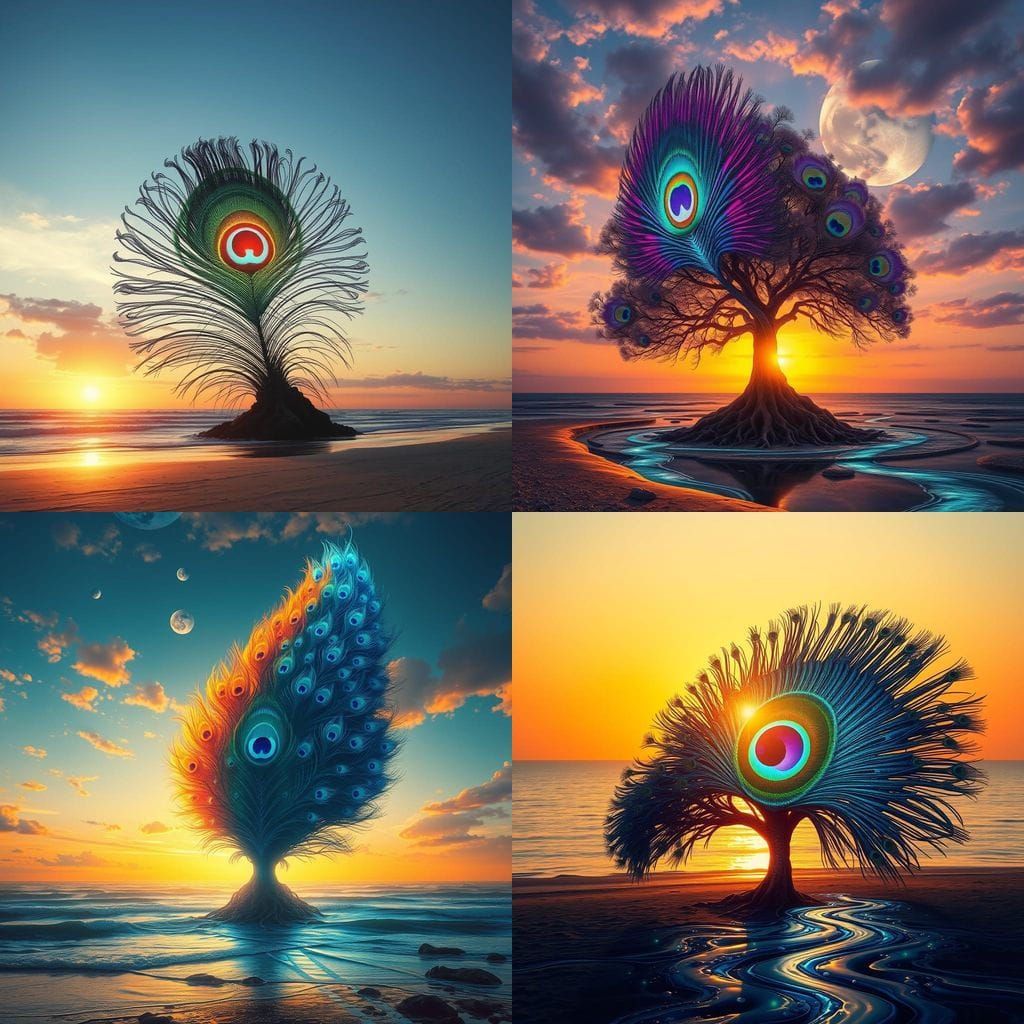 Surreal Sunset: Peacock Feather Telescope Tree