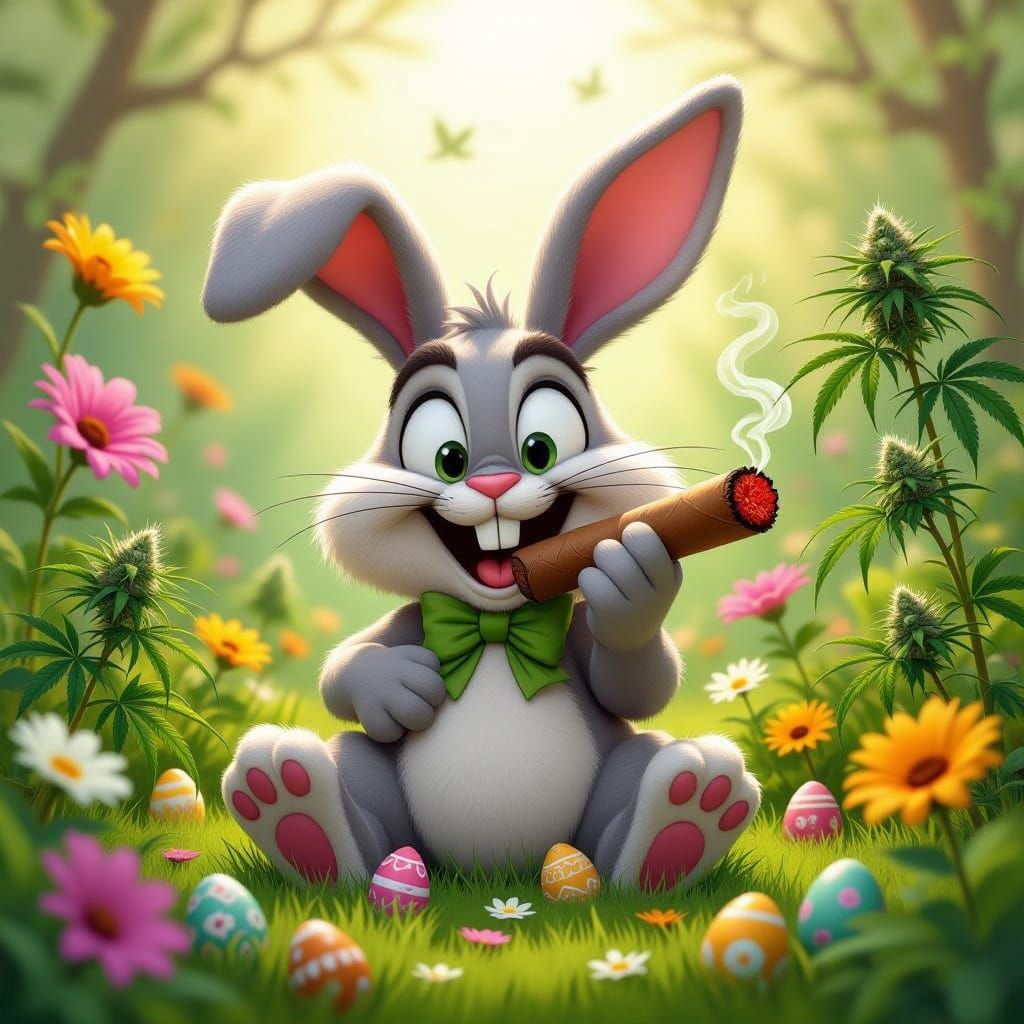 Cheeky Easter Bunny Smokes Ganja Among Spring Flowers