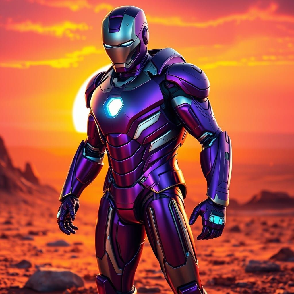 Purple Iron Man Heroically Stands Against Martian Sunset