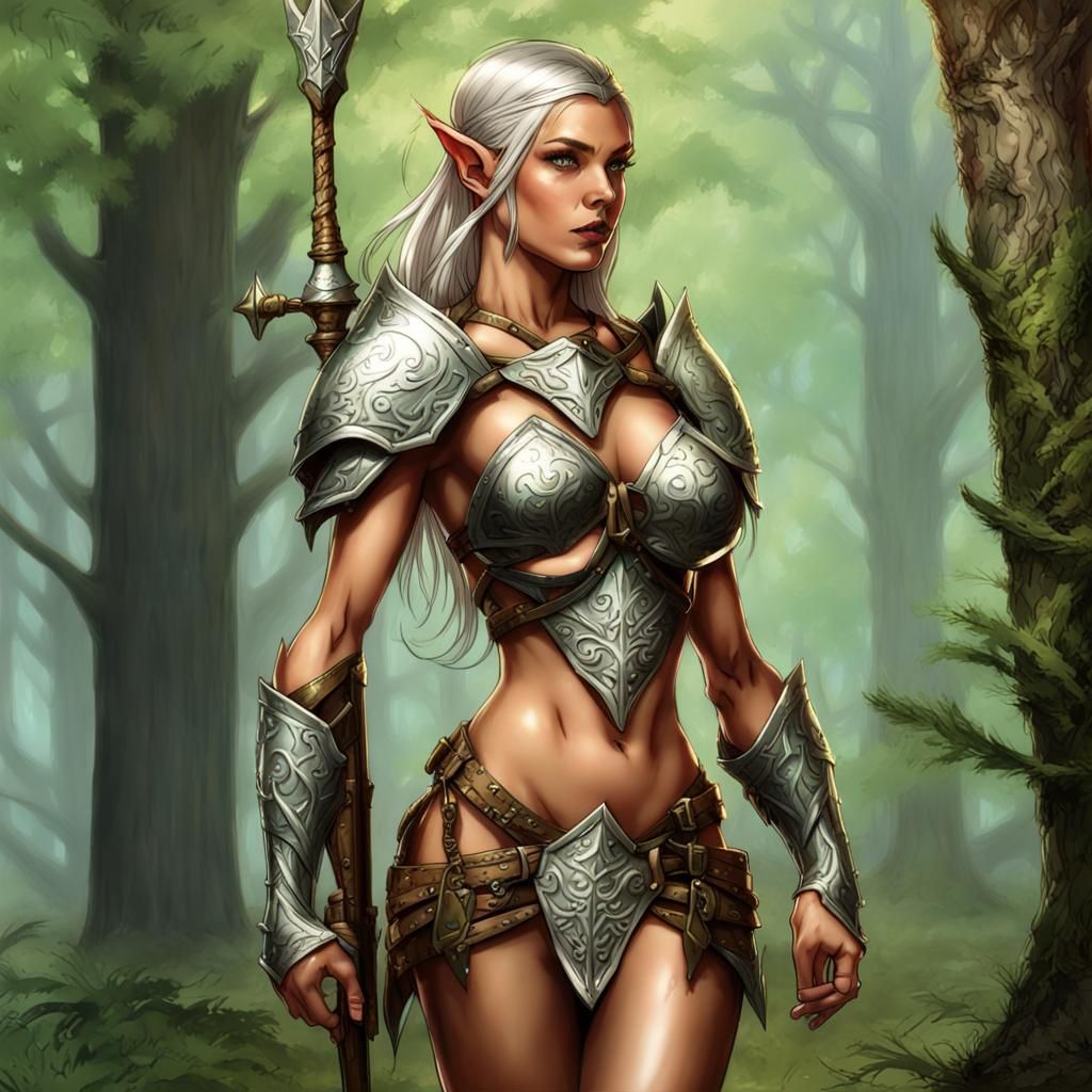 Elf Warrior in Forest, Comic Book Art Style