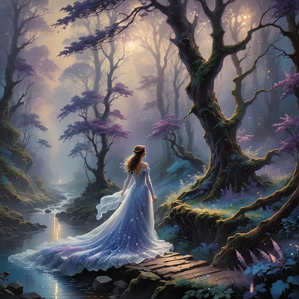Ethereal Lady in Glittering Dress in Purple Forest