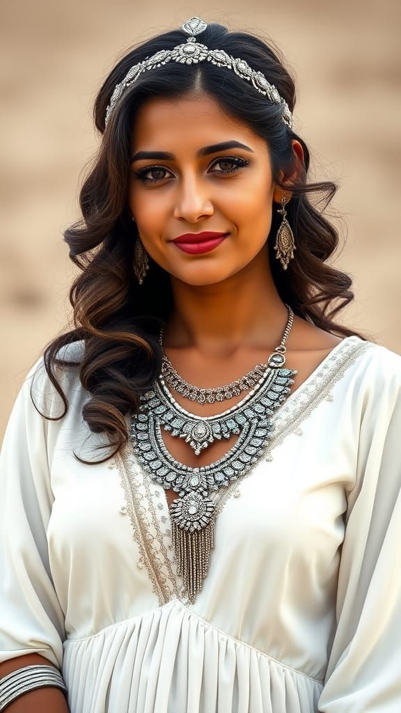 Elegant Armenian Woman in Silver Jewelry and Traditional Dre...