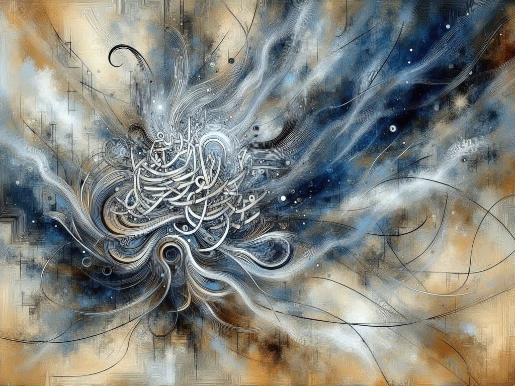 Abstract Urdu Calligraphy in Stormy Mixed Media