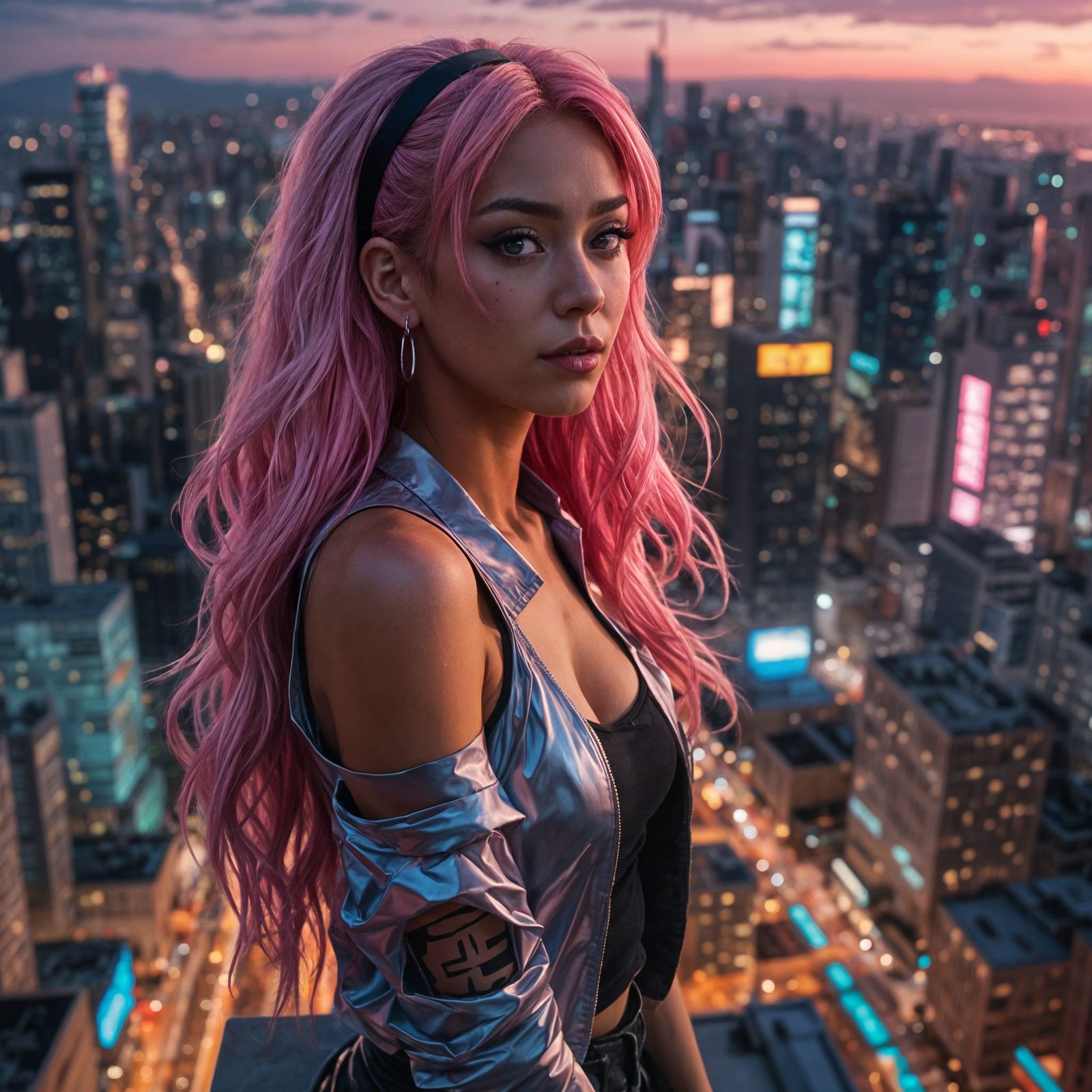 Anime Latina Woman on Skyscraper at Night