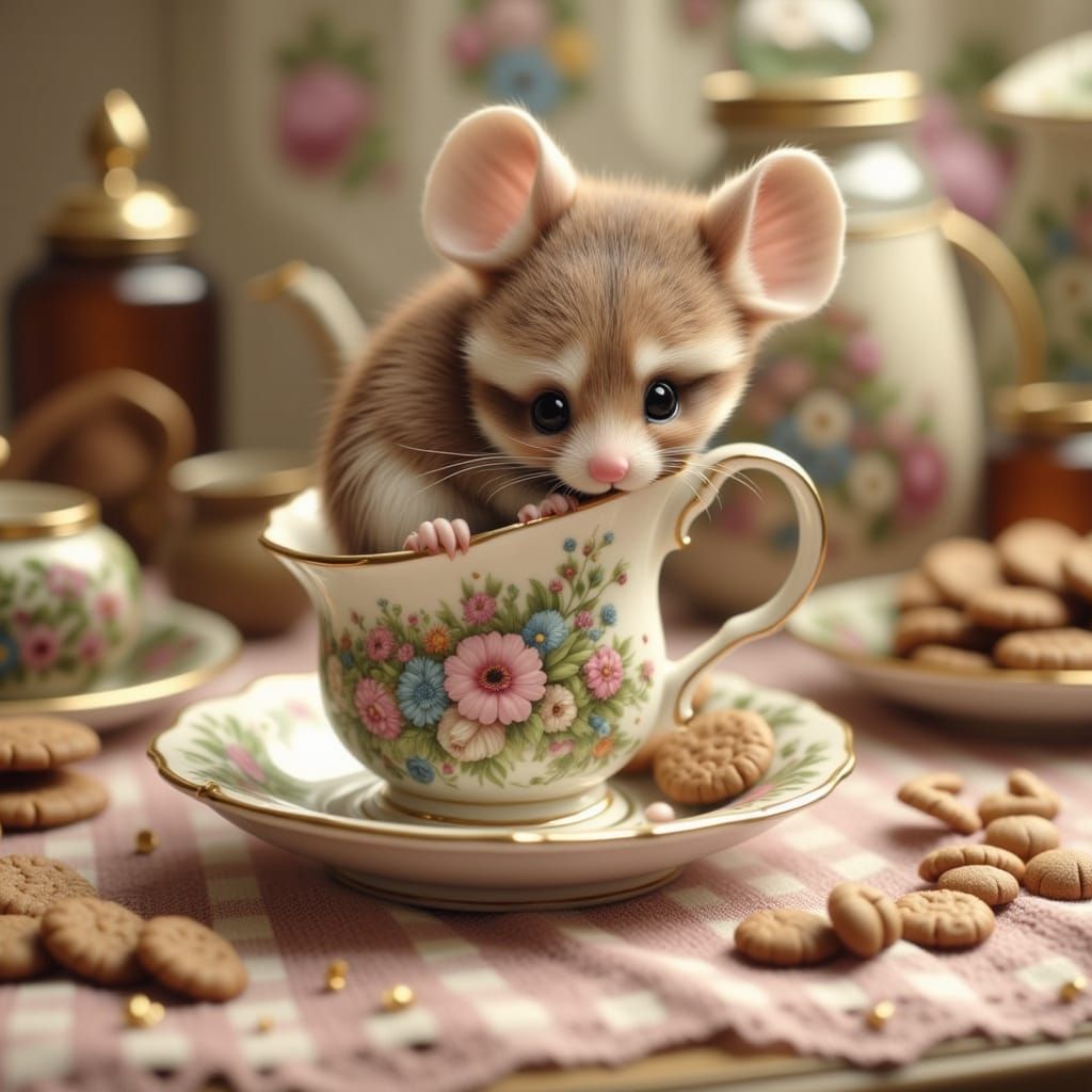 Mouse in Teacup with Biscuits: Cottagecore Style