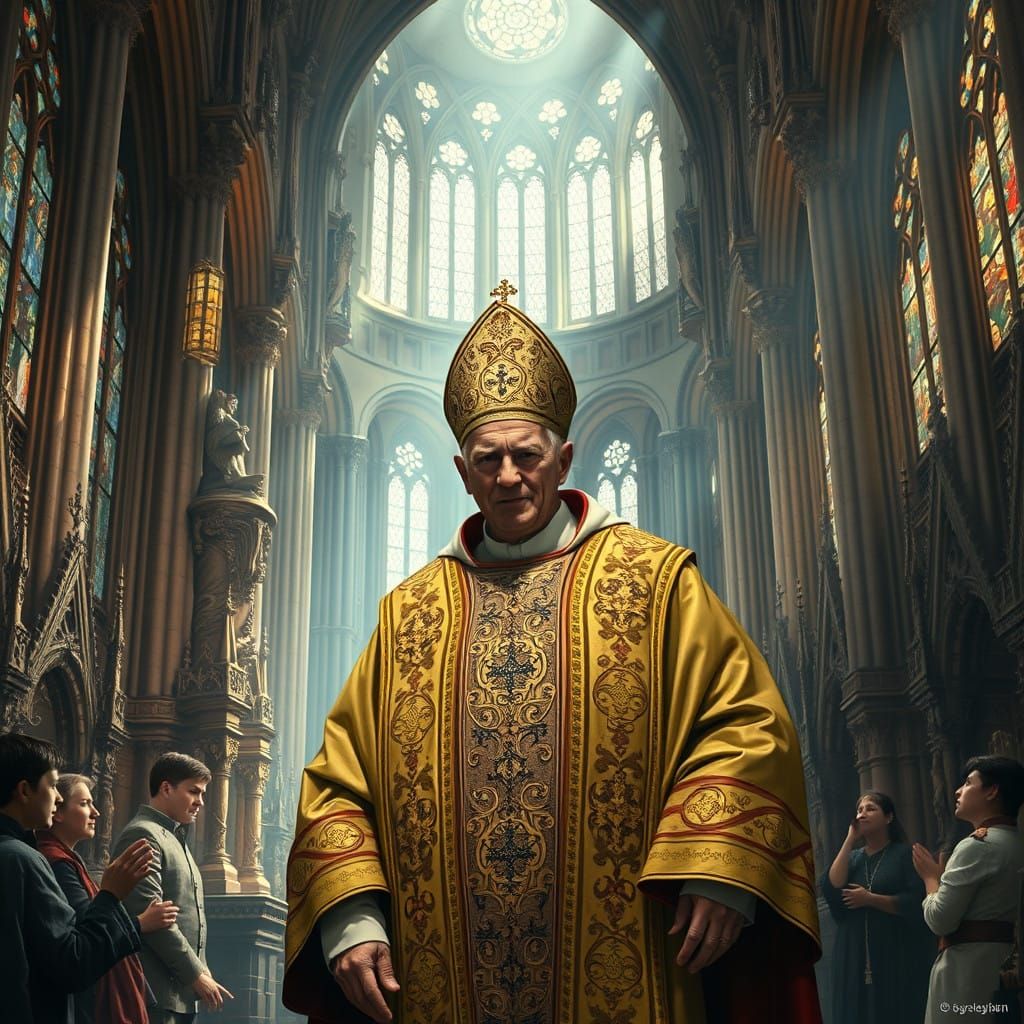 Gothic Pope Condemnation in Ornate Cathedral