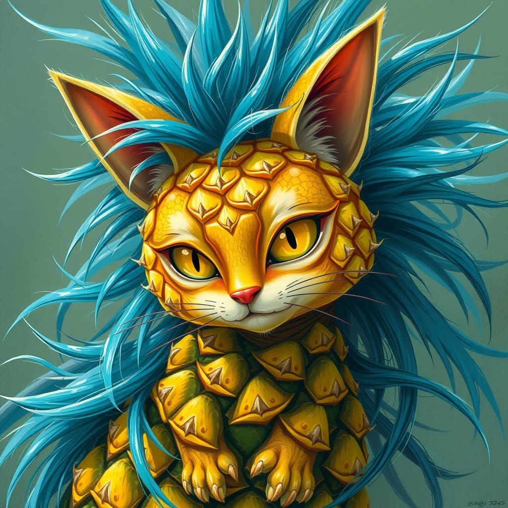 Feline Pineapple Creature with Electric Blue Spike Fur
