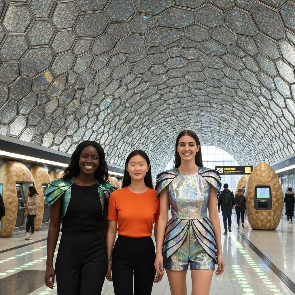 Diverse Women in Futuristic Station with Insectoid Architect...