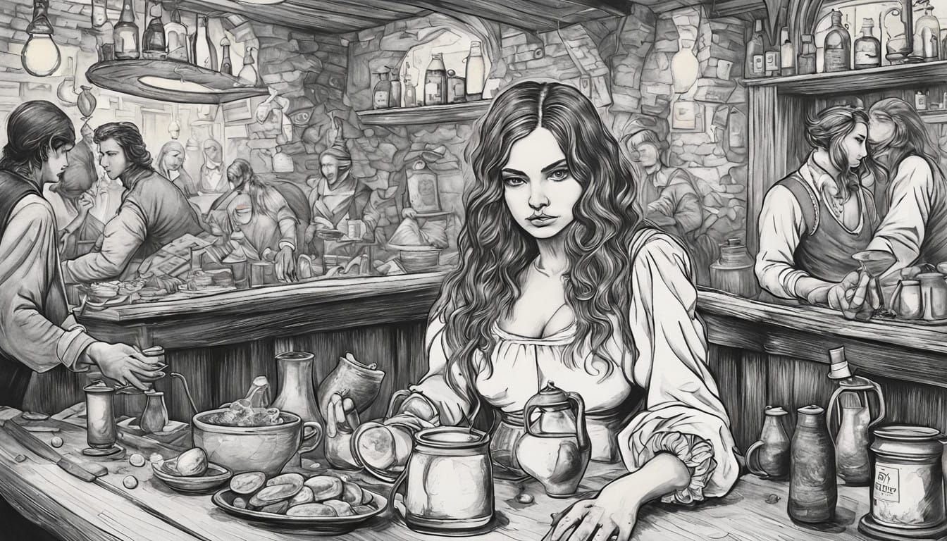 Medieval Bar Maid in Exquisite Black Ink Line Drawing