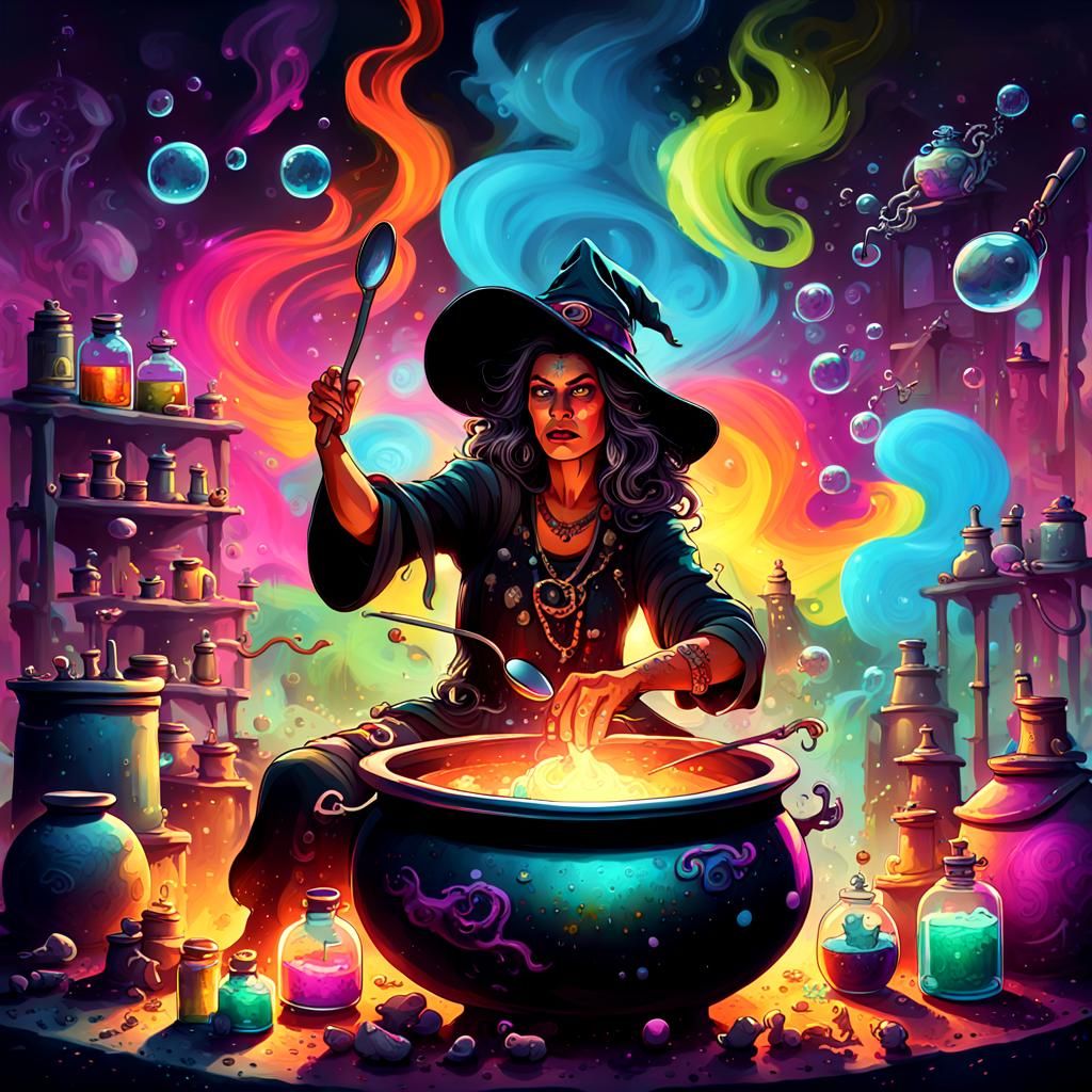 Rebellious Gypsy Witch Brews Potion in Graffiti Art Style