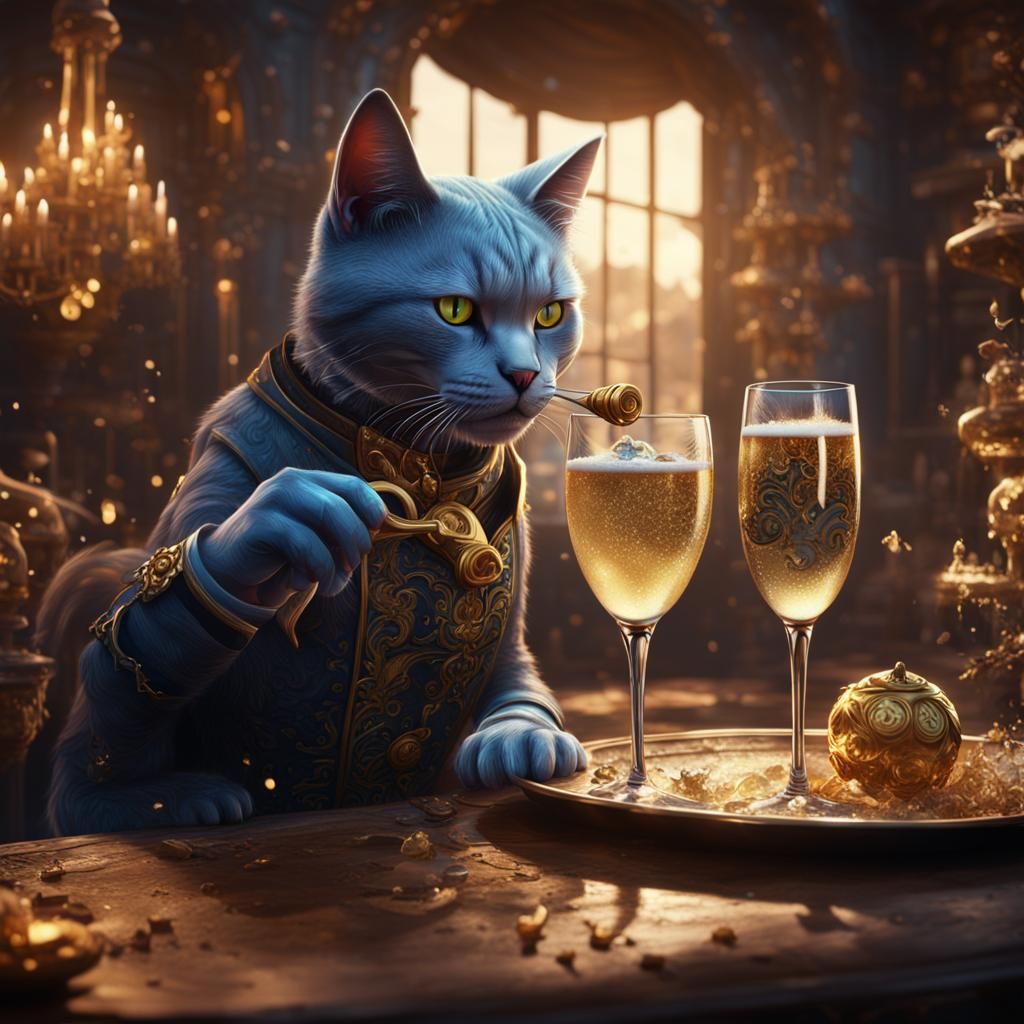 Cat Drinking Champagne in Detailed Matte Painting