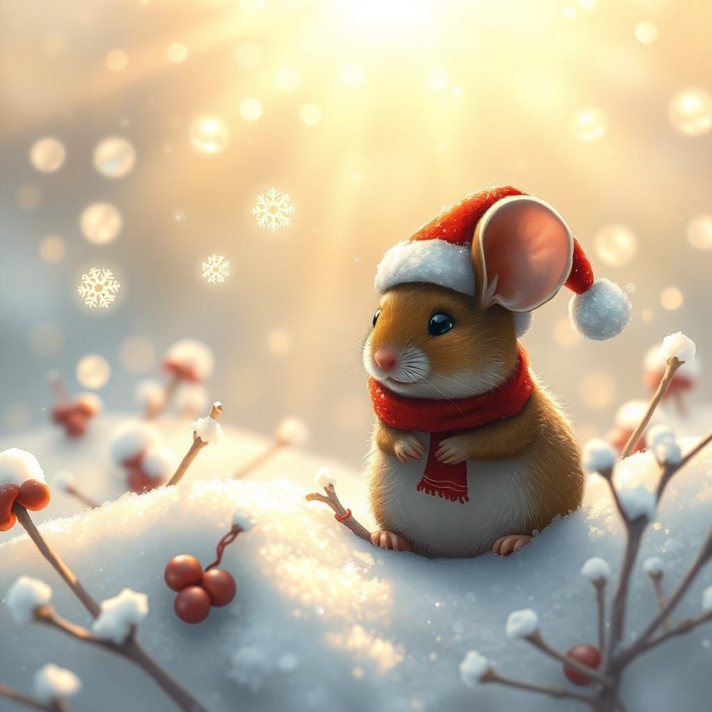 Whimsical Christmas Mouse Basks in Golden Light