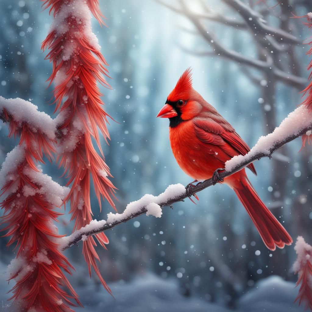 Cardinal in Winter Wonderland: Hyperrealistic Splash Art