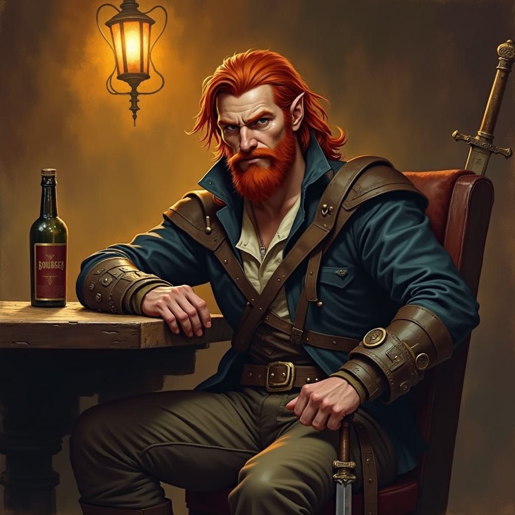 Dashing Half-Elf Rogue in a Cozy Tavern Scene