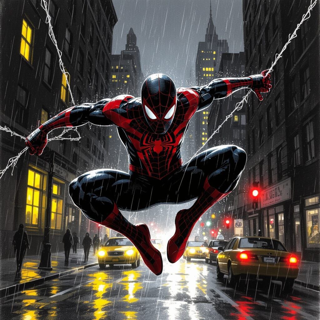 Spider-Man Charcoal Drawing in Gritty NYC Night