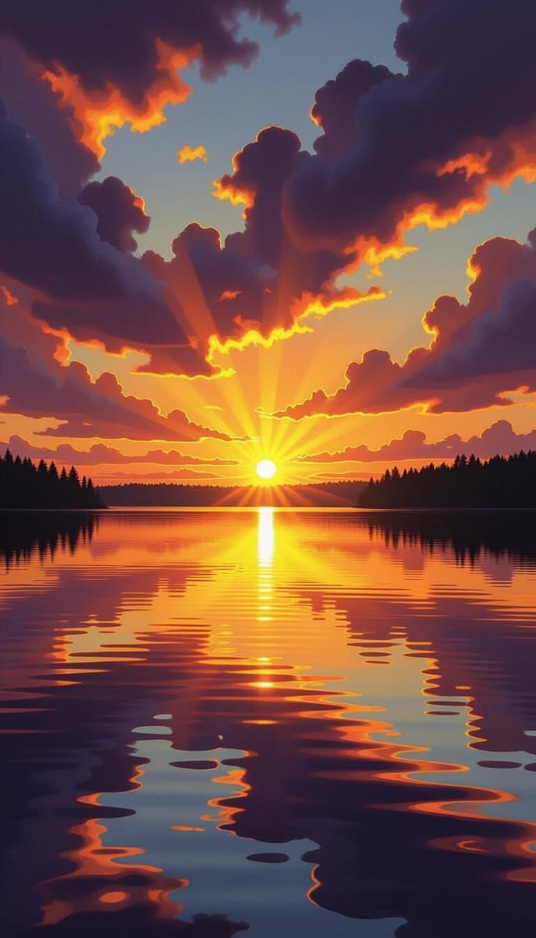 Sunrise Over Calm Water: Splash Art Style