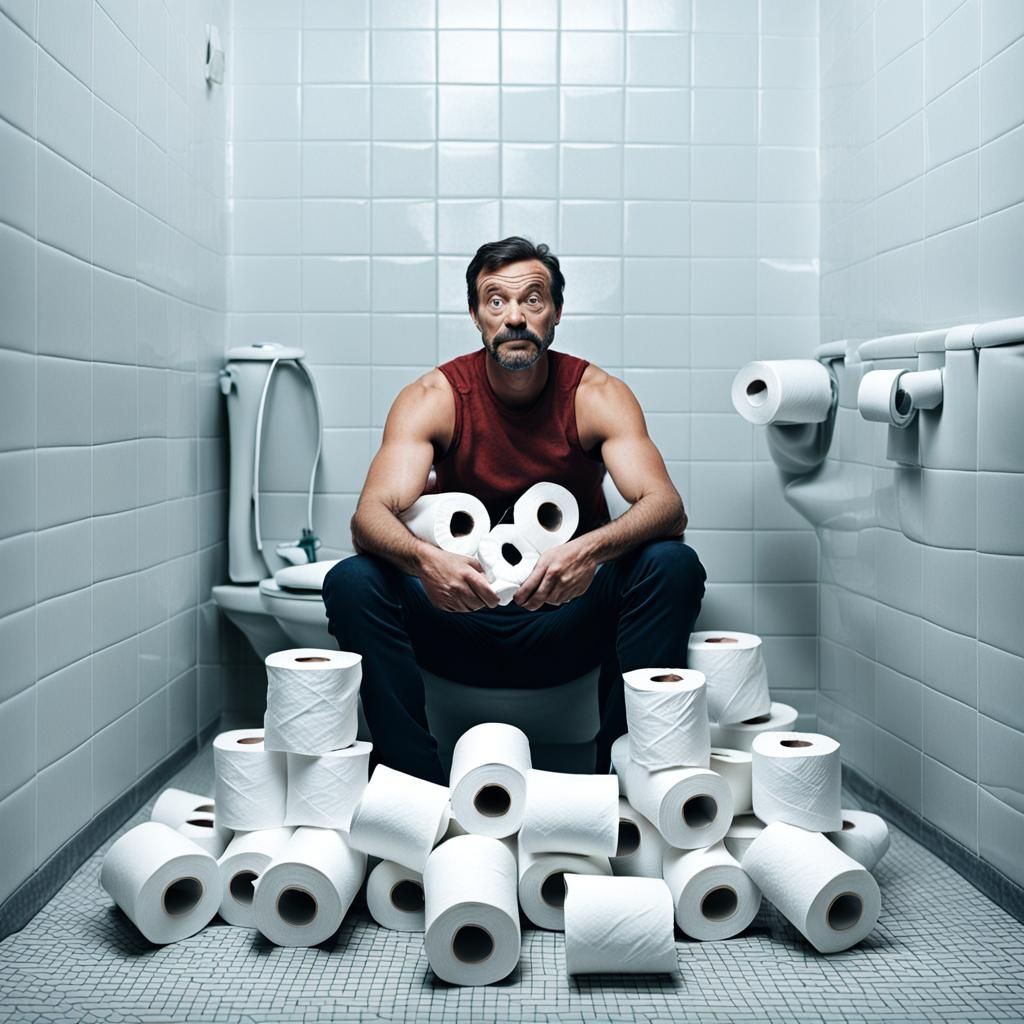 Man on Toilet Surrounded by Empty Rolls