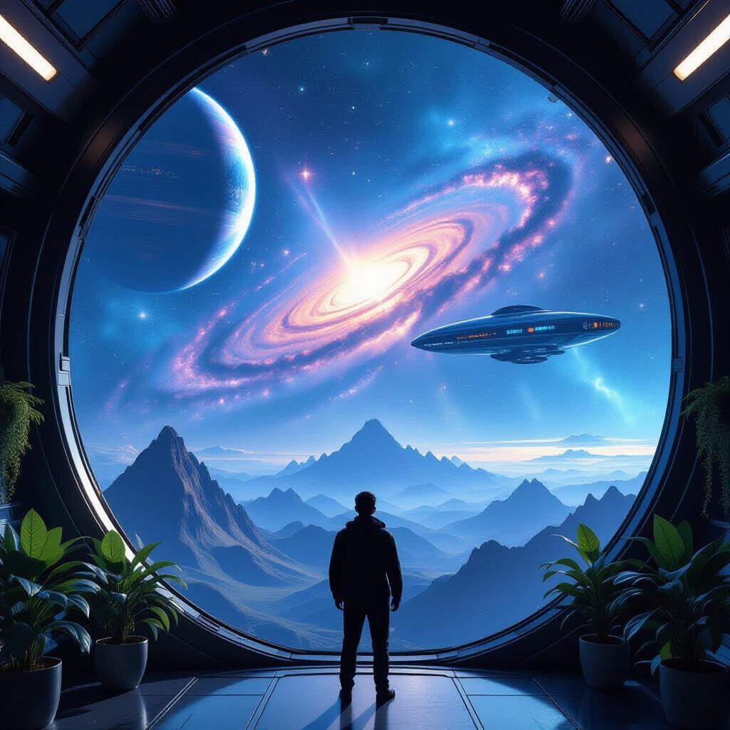 Human Gazes at Alien Galaxy from Futuristic Spaceship Window