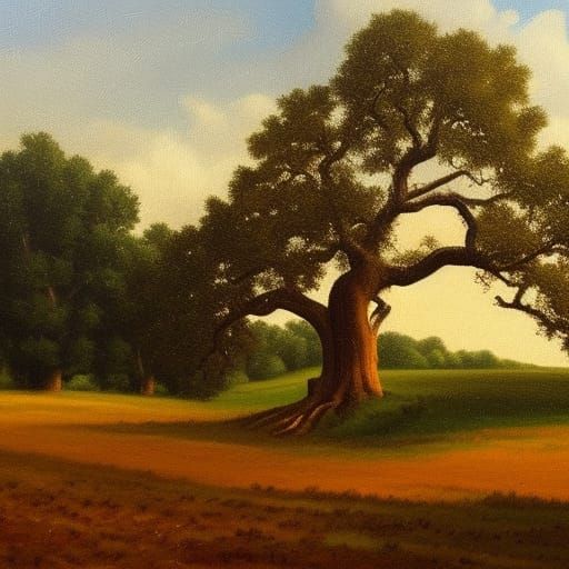 Old Growth Oak in Pastoral Oil Painting