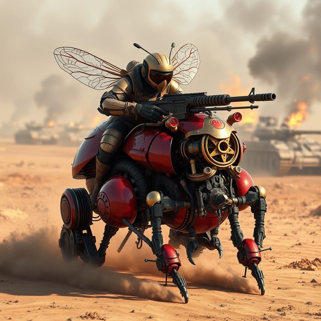 Bee Warrior in Steampunk Mech Engages in Battle