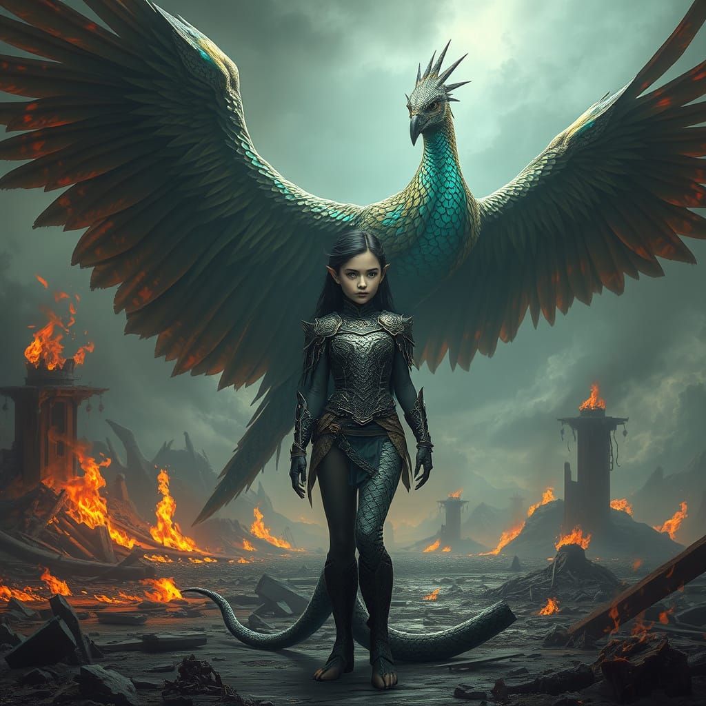 Reptilian Woman Protected by Bird in Apocalyptic Landscape