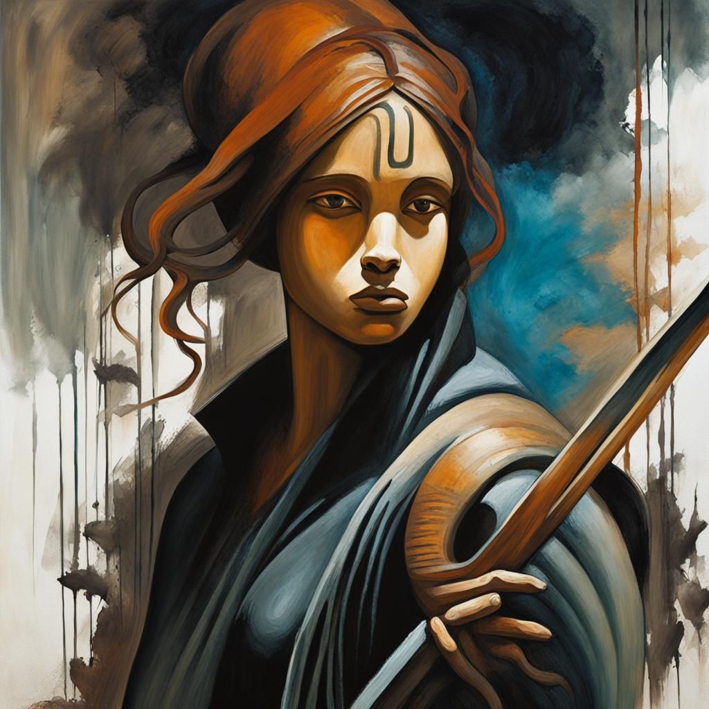 Grieving Woman in Art Nouveau Style With Ancient Swirls