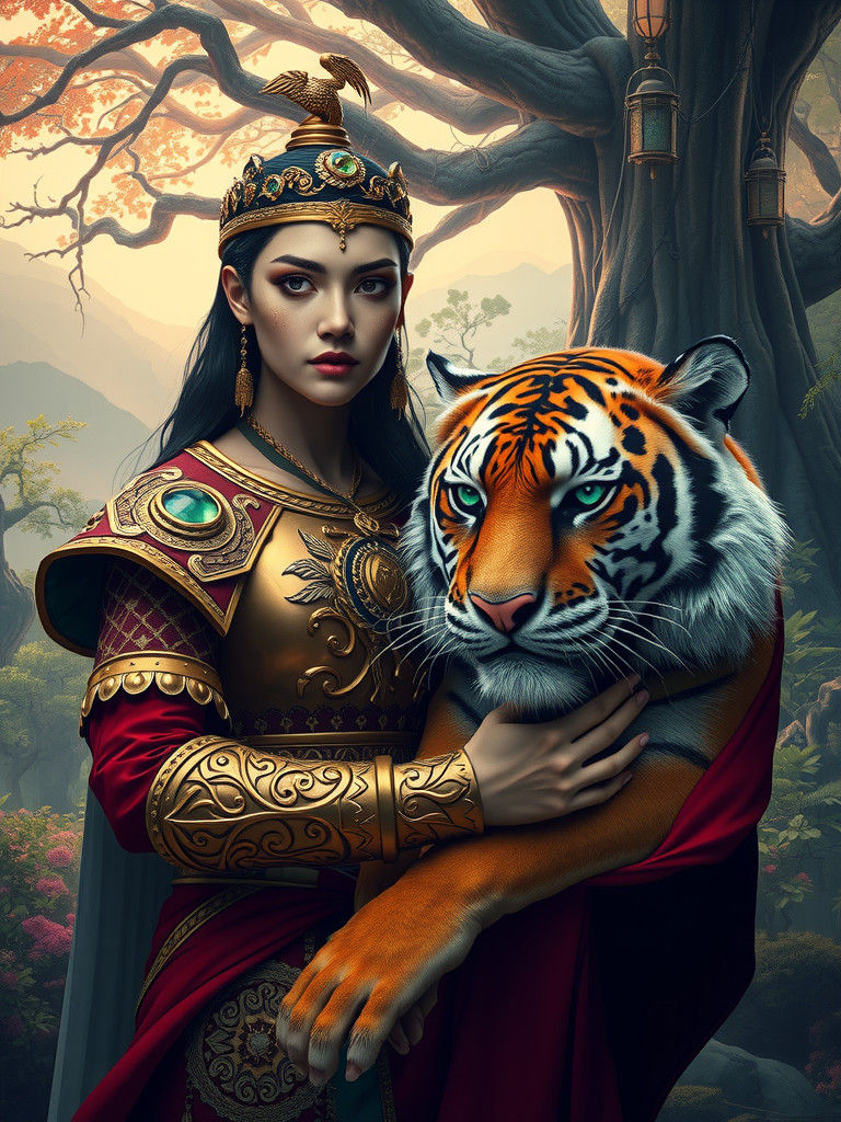 Warrior Woman and Tiger in Mystical Forest