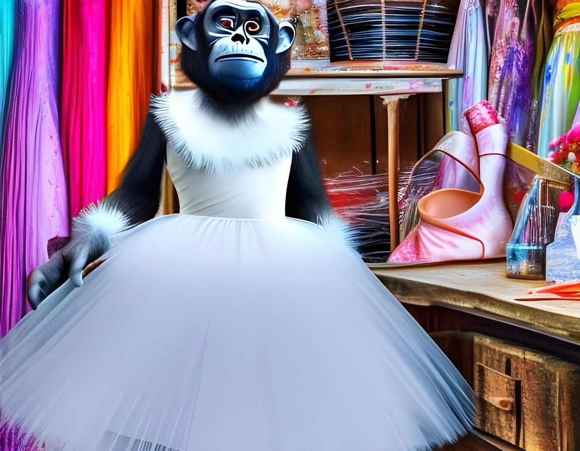 Chimpanzee Ballerina in Costume Shop: Watercolor Painting