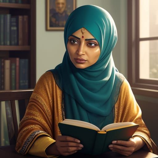 Bengali Hijabi Woman in Library: Vibrant Oil Painting