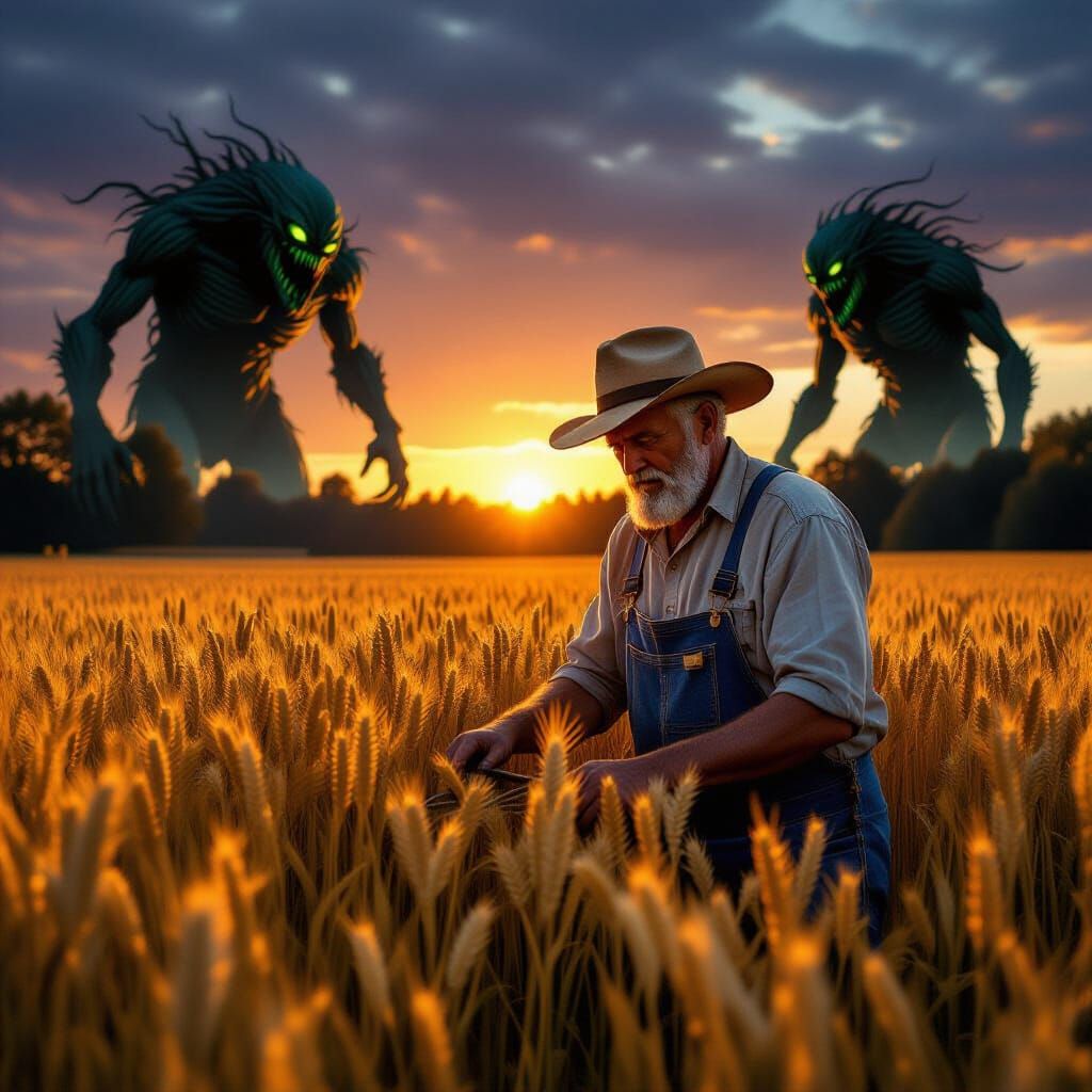 Farmer's Sunset: Ominous Monsters in a Dark Field