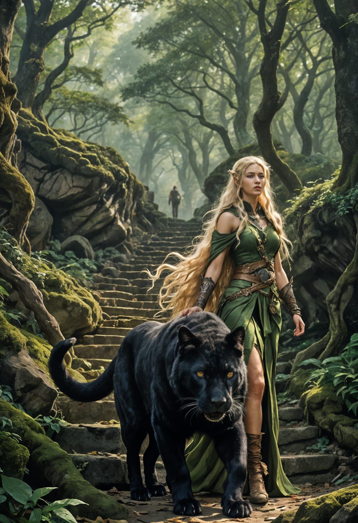 Elf Druid and Panther in Forest
