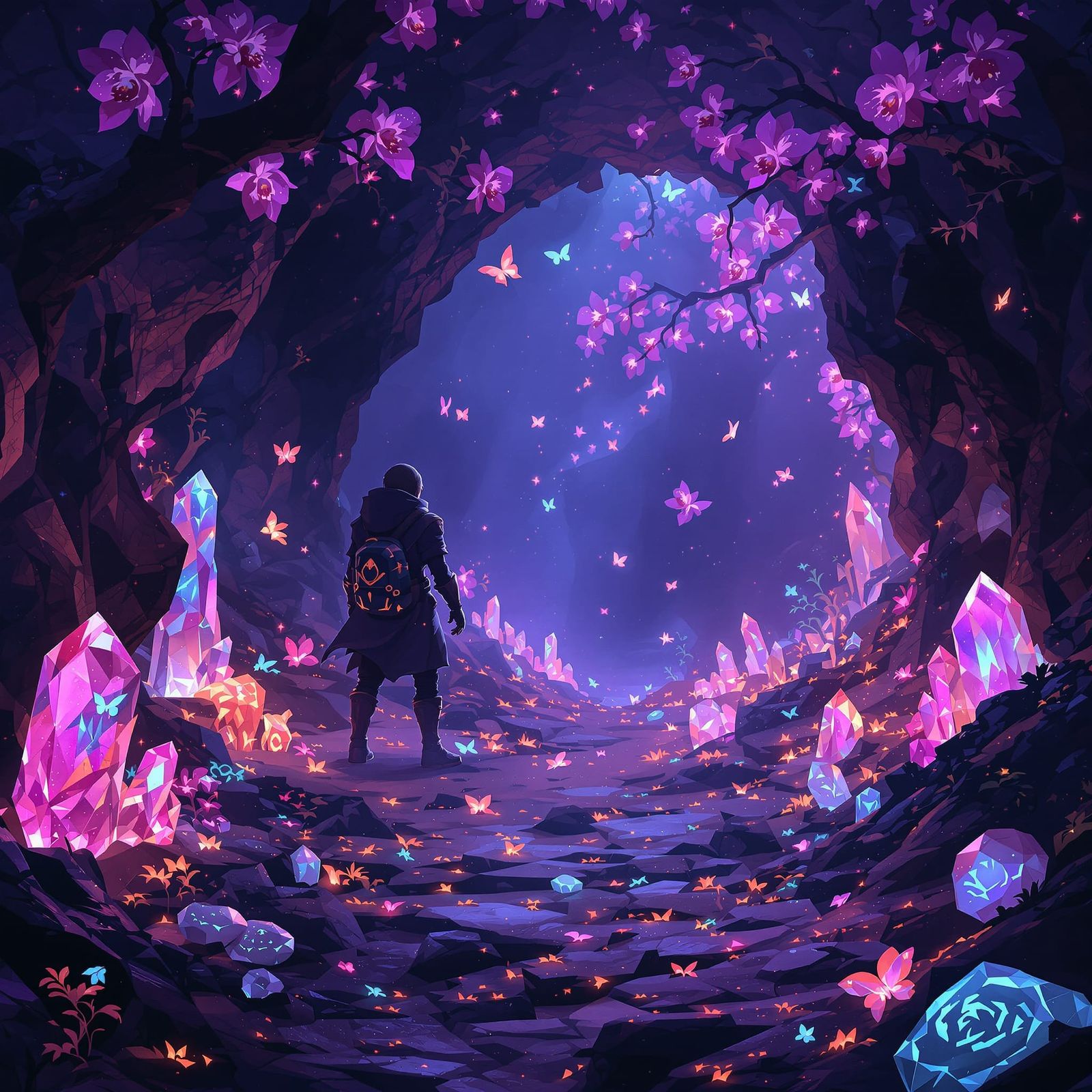 Adventurer in Ethereal Cavern with Bioluminescent Flora