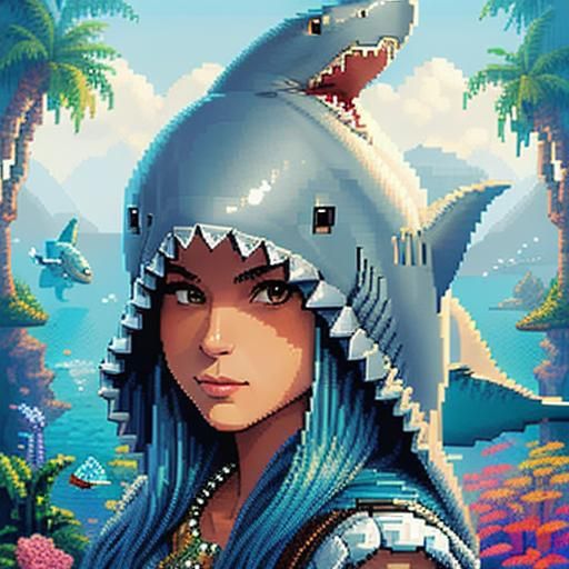 Detailed Pixel Art Shark Portrait in 16-bit Style