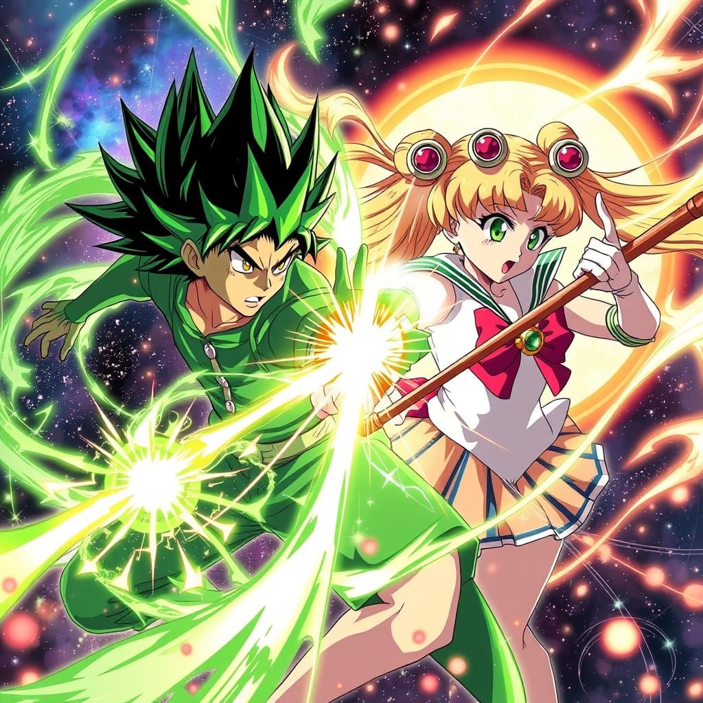 Epic battle scene between Gon Freecss (Hunter x Hunter) and Sailor Moon (Usagi Tsukino)