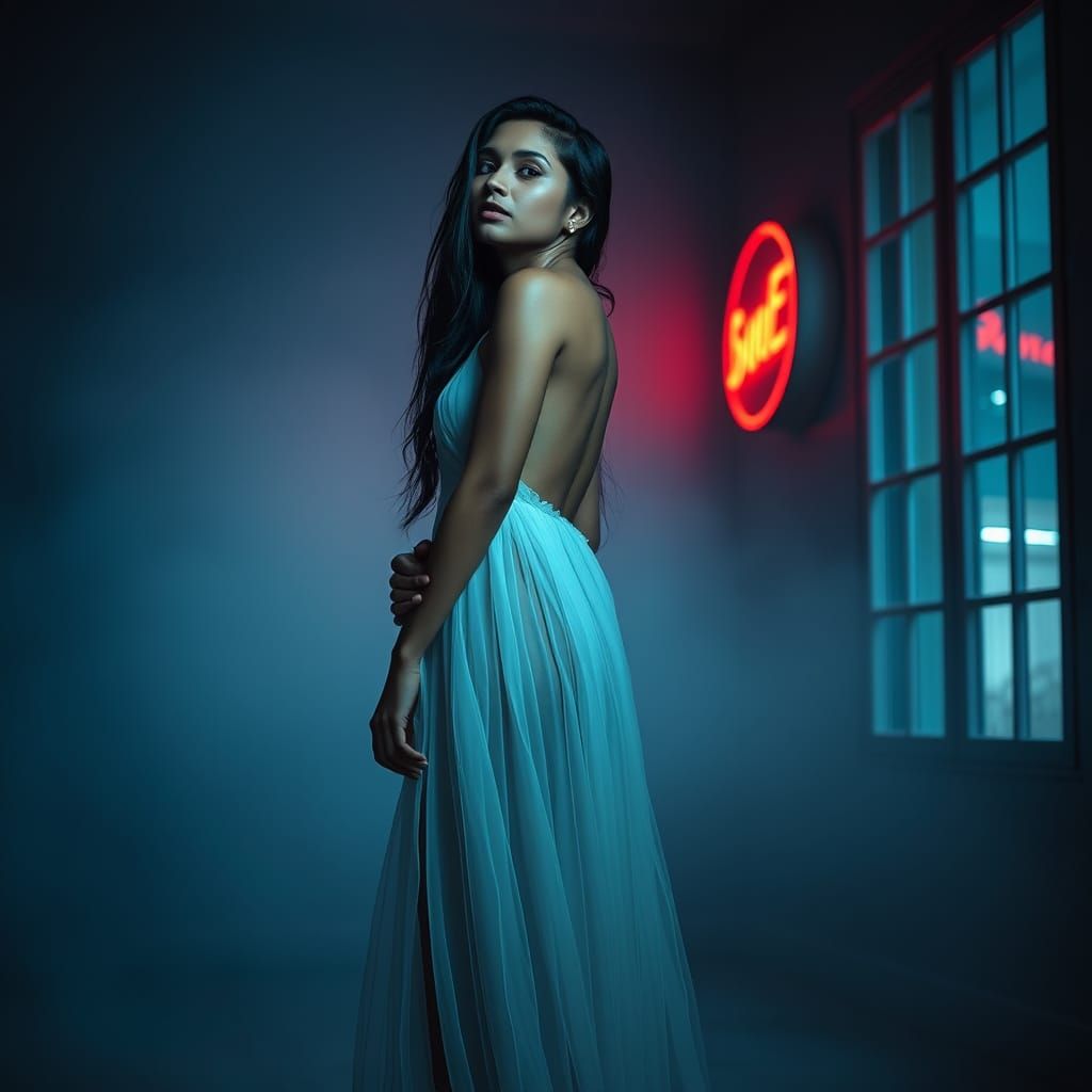 Ethereal Latina in Blue Haze, Atmospheric Portrait