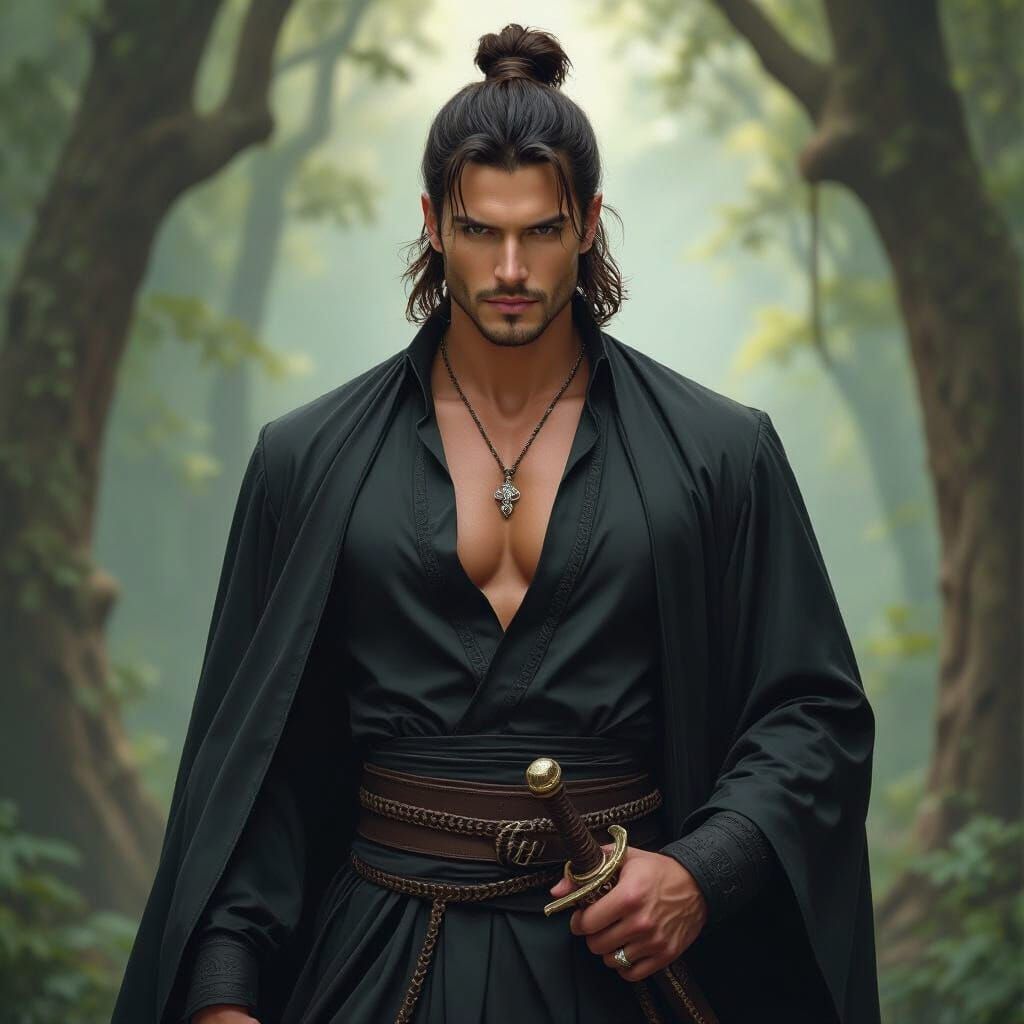 Elegant Warrior in Fragonard-Inspired Gothic Forest