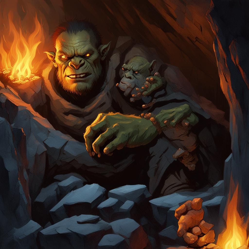 Friendly Orc in Dimly Lit Cave, Dark Fantasy Art