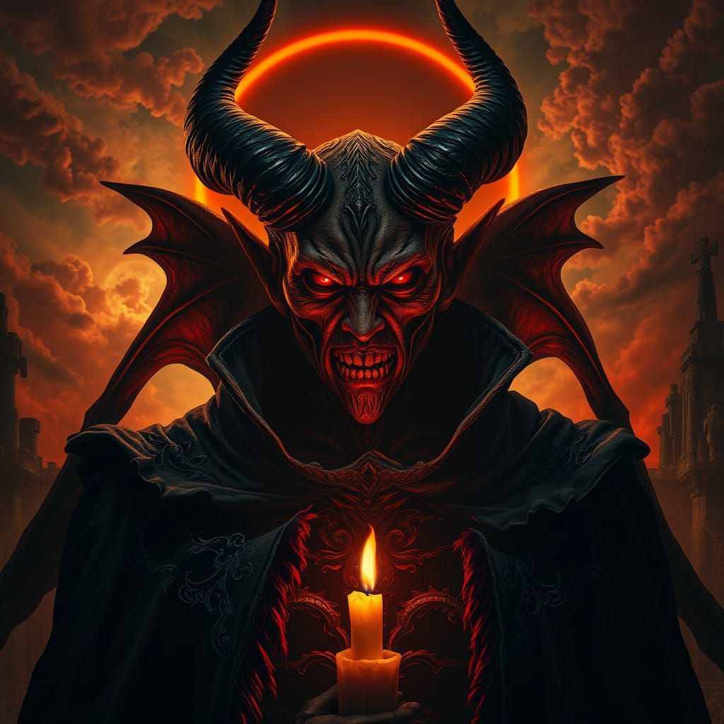 Dark Angel Lucifer Shrouded in Flickering Candlelight