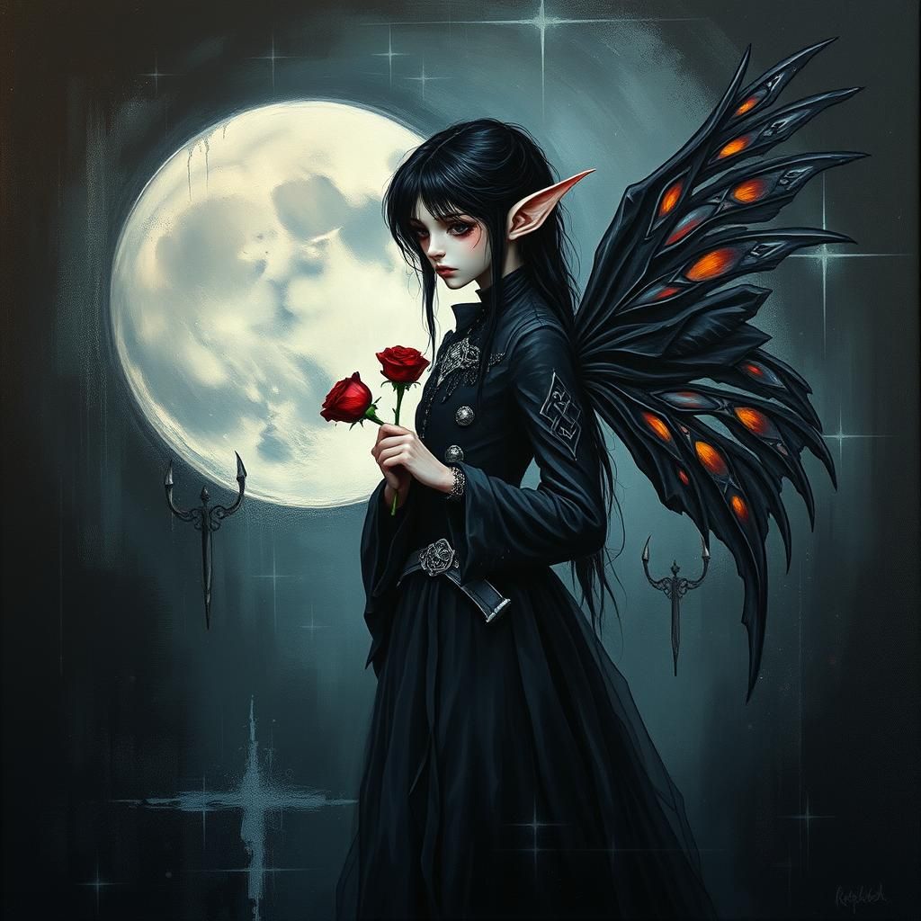 Gothic Fairy Elf in Moonlight: Impasto Palette Knife Art