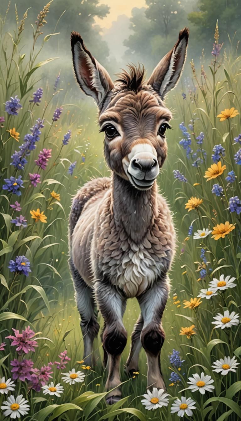 Chibi Baby Donkey in Wildflower Meadow
