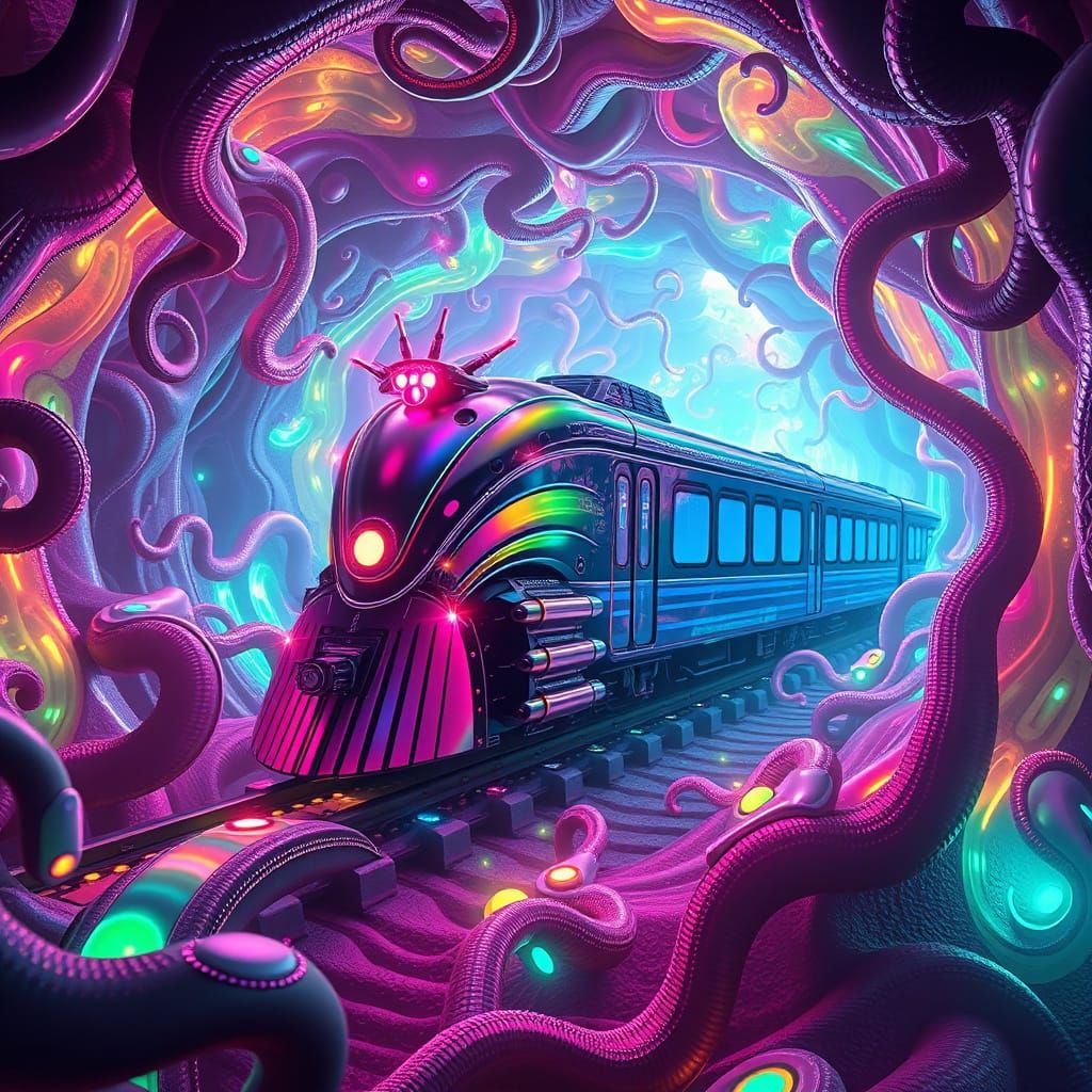 a ferrofluid black and rainbow oil sheen   dream train trapped in a 4D tesseract suspended in a living landscape of liqu...