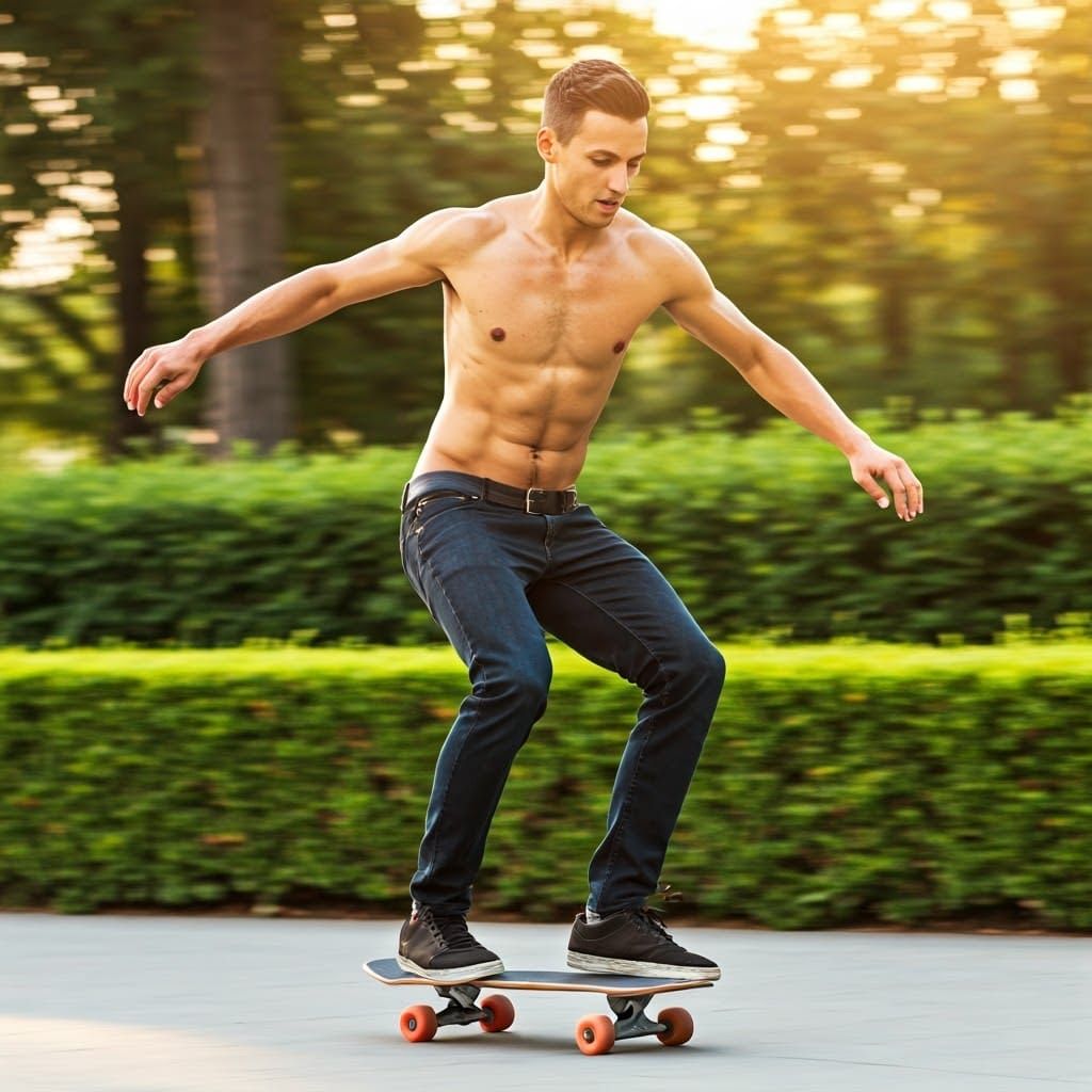 Athletic Man Skateboarding in the Park