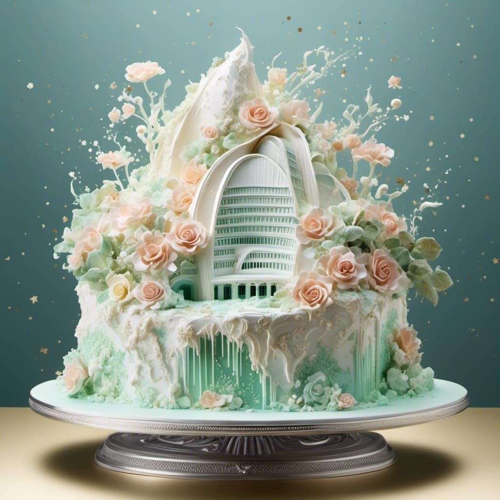 <lora:Cakes-A-Lot:1.0> Cake #26 Inspired by the Marina Bay Sands Resort Towers, Singapore